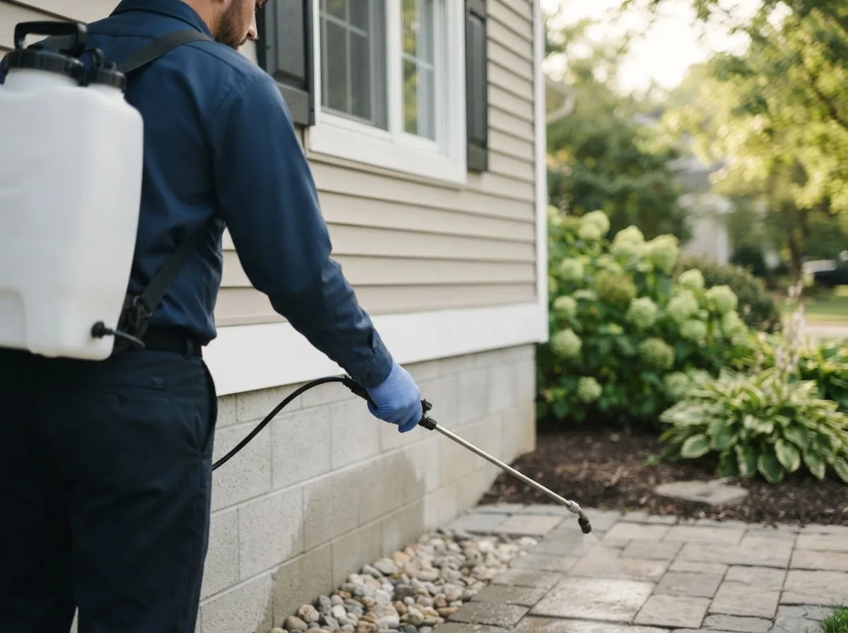 Pest control technician inspecting a home in Spade, TX
